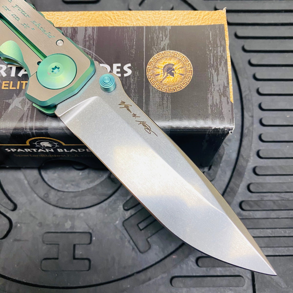 Spartan Blades Harsey Folder - GREEN Shield with Green Stone, Magnacut Blade, Green ANO Hardware Knife