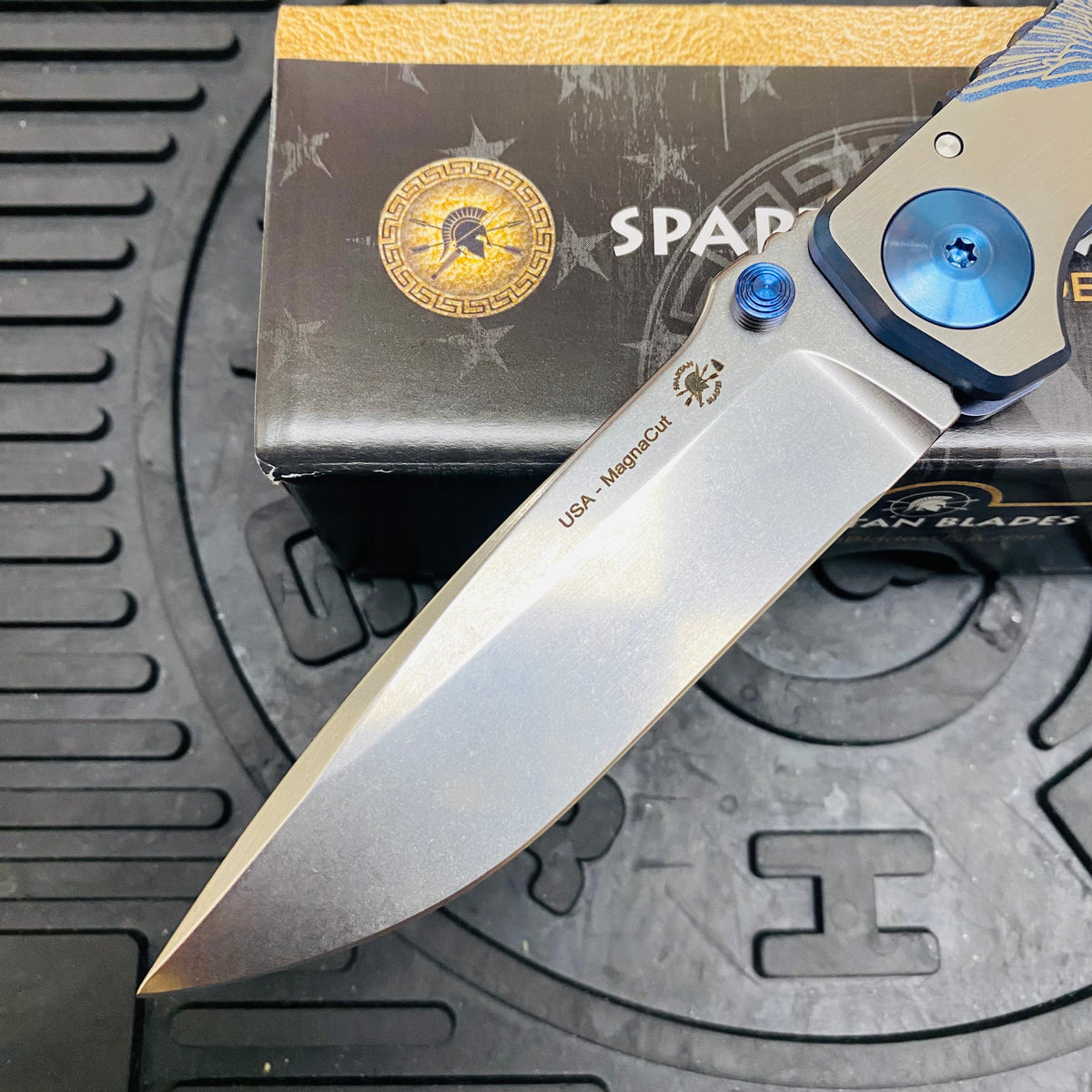 Spartan Blades Harsey Folder - BLUE Saint Michael, 4" Magnacut Blade, Blue ANO Hardware Knife