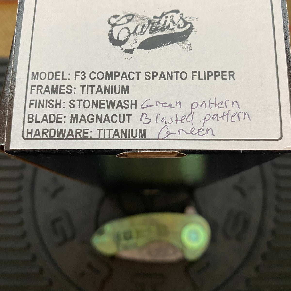 Curtiss Custom Knives F3 Compact Frame Lock, 2.5" Spanto Magnacut Blasted Blade FLIPPER, Green Pattern Handles, Knife