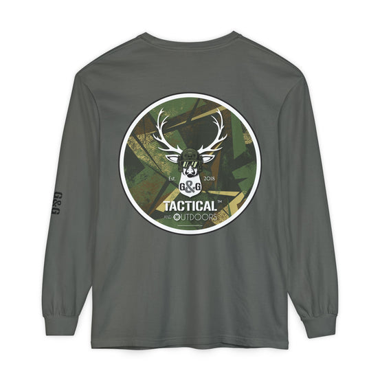 G&G Tactical Outdoors Long Sleeve Tee — Green Camoflauge Black Sleeve Graphic