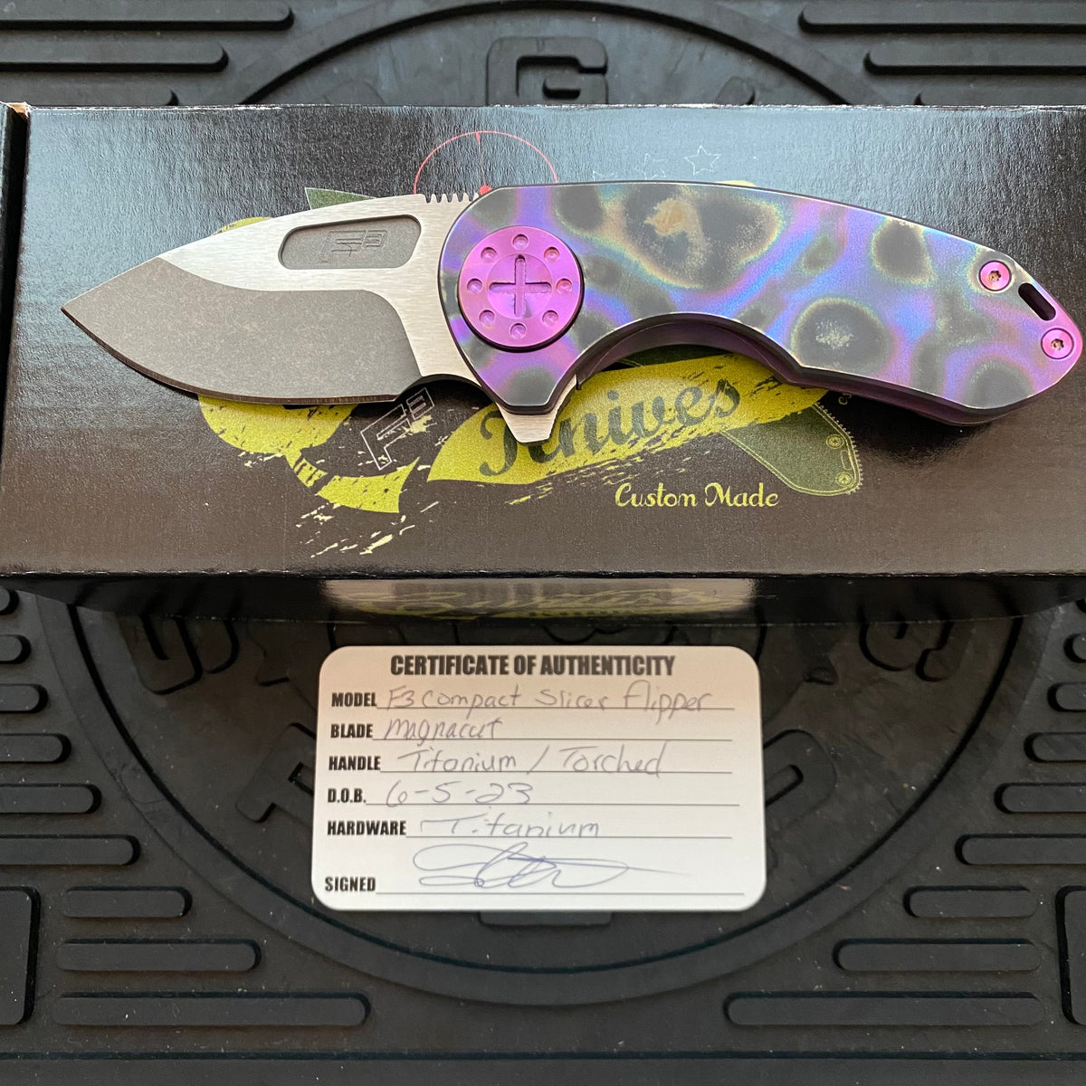 Curtiss Custom Knives F3 Compact Frame Lock, 2.5" Slicer Magnacut Blade FLIPPER, Purple Torched Handles, Knife