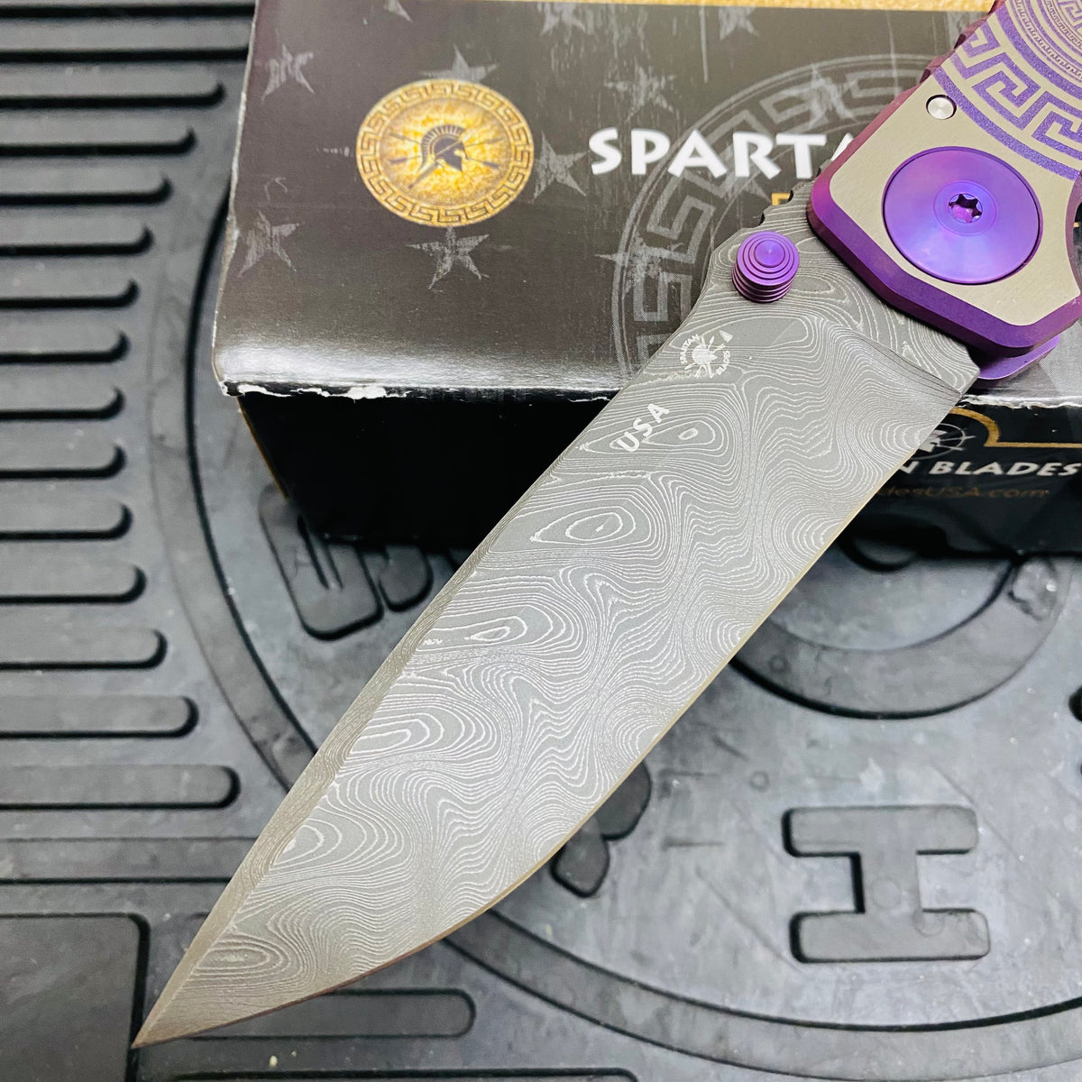 Spartan Blades Harsey Folder - PURPLE Shield with Purple Stone, Chad Nichols Damascus Blade, Purple ANO Hardware Knife
