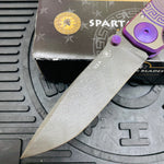 Spartan Blades Harsey Folder - PURPLE Shield with Purple Stone, Chad Nichols Damascus Blade, Purple ANO Hardware Knife