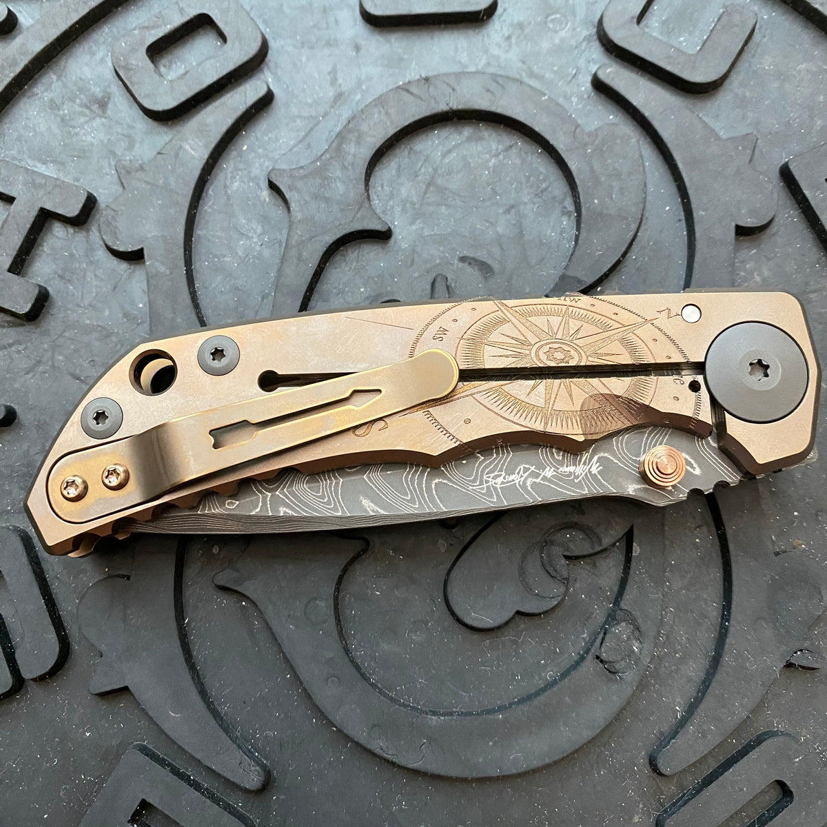 Spartan Blades Harsey Folder - Bronze Compass Theme, Chad Nichols Damascus Blade, PVD ANO Hardware Knife