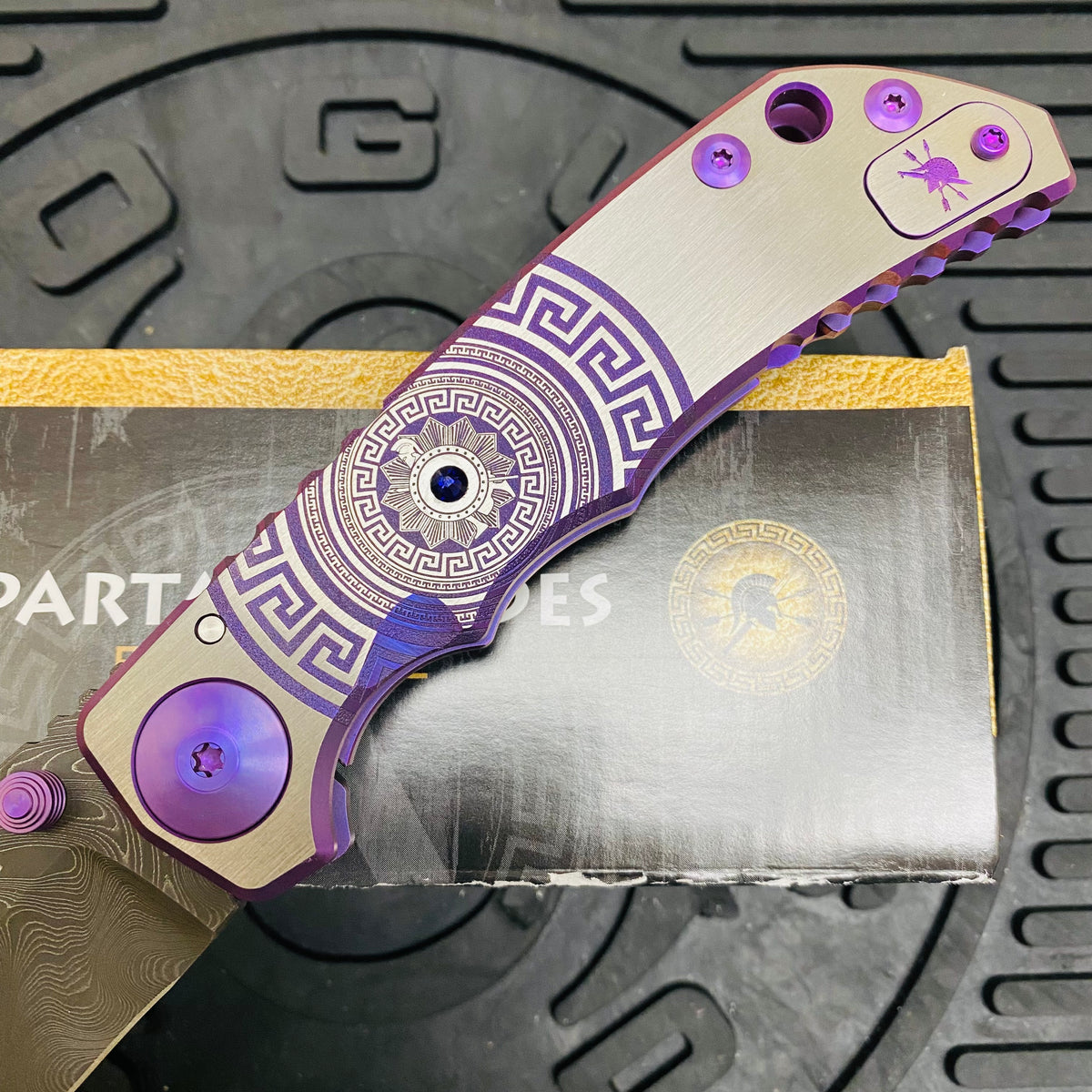 Spartan Blades Harsey Folder - PURPLE Shield with Purple Stone, Chad Nichols Damascus Blade, Purple ANO Hardware Knife