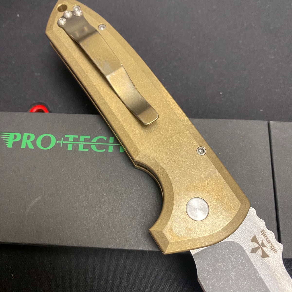 Protech LG335 Rockeye Custom Textured AL Bronze Handles, Acid Wash Blade, Mother of Pearl Button Knife
