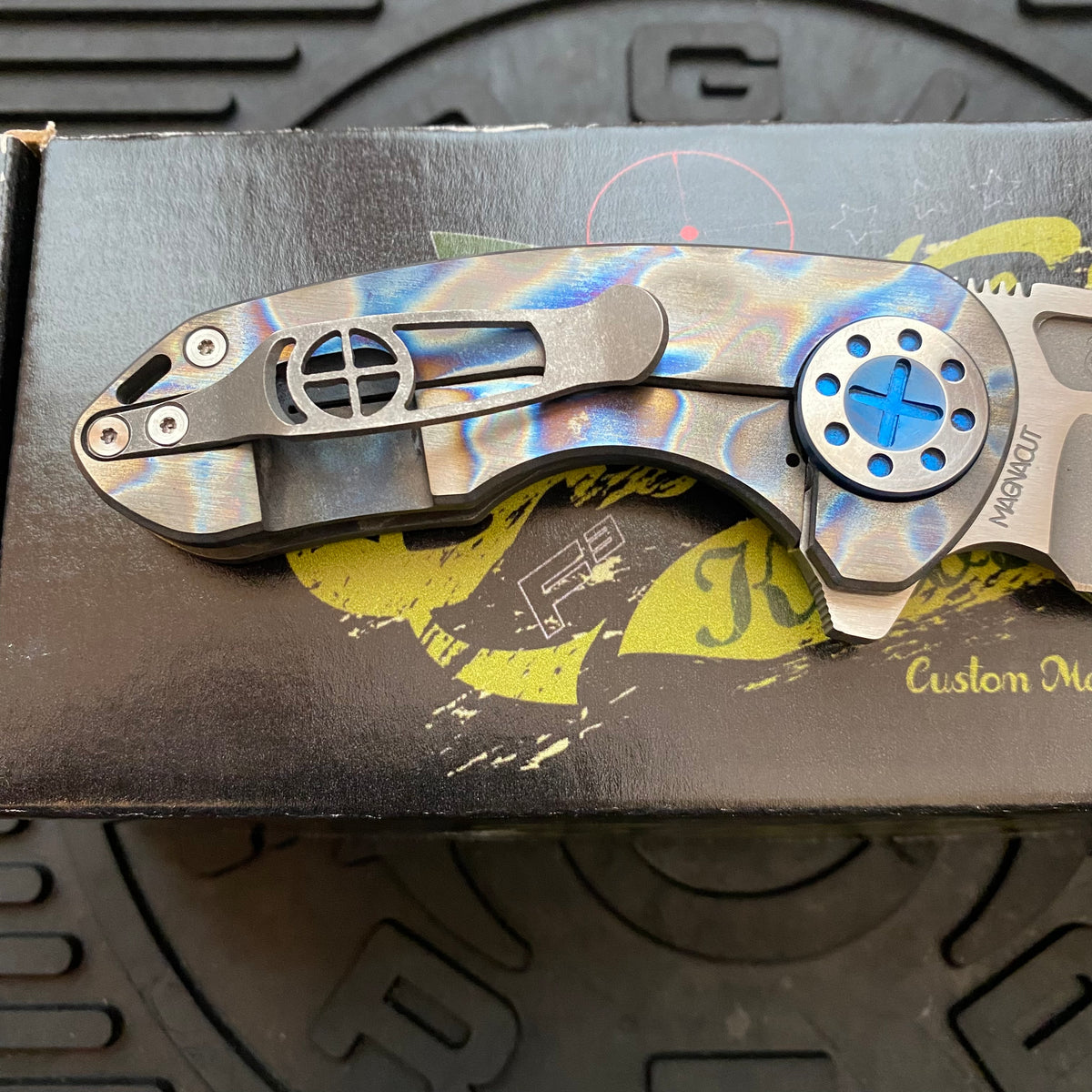 Curtiss Custom Knives F3 Compact Frame Lock, 2.5" Slicer Magnacut Blade FLIPPER, Torched Handles, Blue Hardware Knife