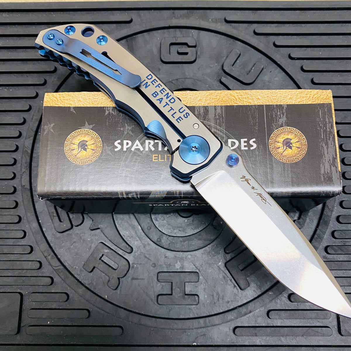 Spartan Blades Harsey Folder - BLUE Saint Michael, 4" Magnacut Blade, Blue ANO Hardware Knife
