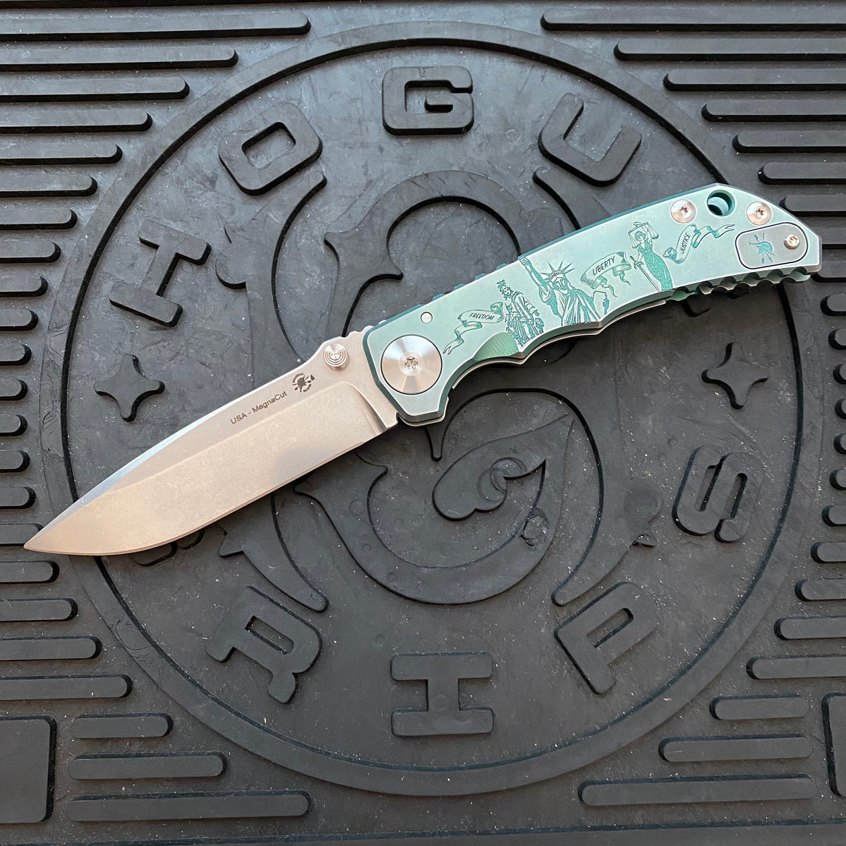 Spartan Blades Harsey Folder - Ladies of Liberty Green Theme, Stonewash Magnacut Blade, Satin ANO Hardware Knife
