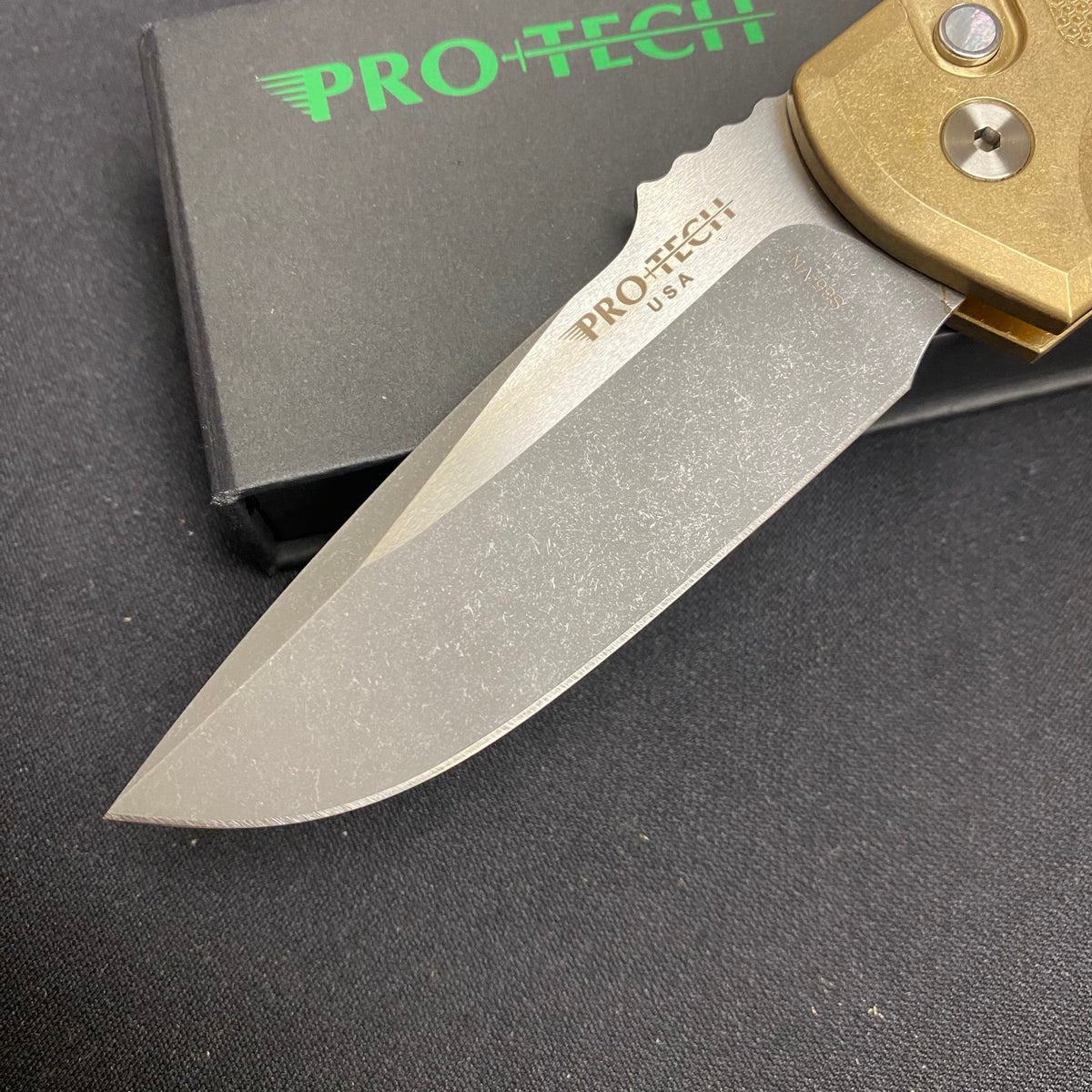 Protech LG335 Rockeye Custom Textured AL Bronze Handles, Acid Wash Blade, Mother of Pearl Button Knife