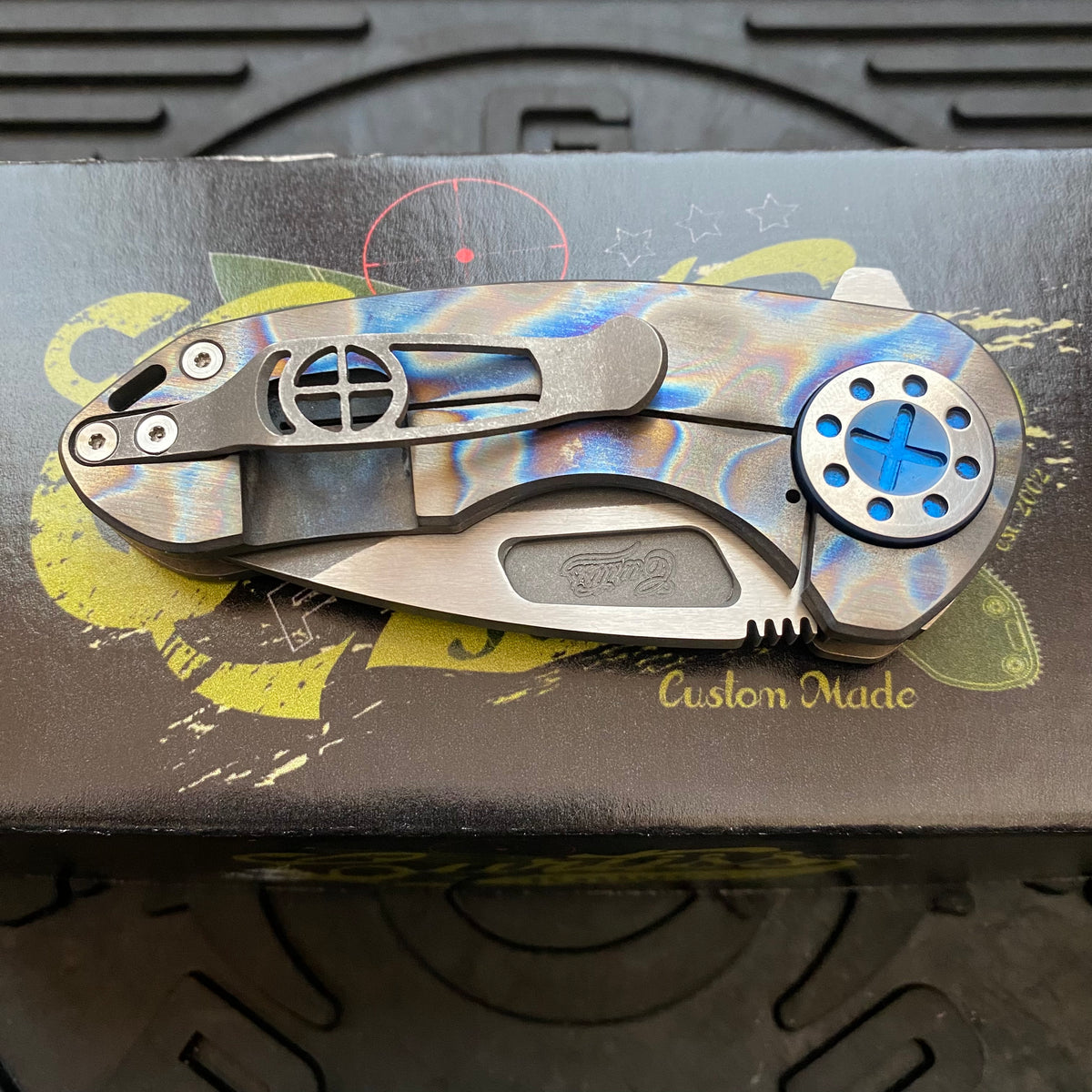Curtiss Custom Knives F3 Compact Frame Lock, 2.5" Slicer Magnacut Blade FLIPPER, Torched Handles, Blue Hardware Knife