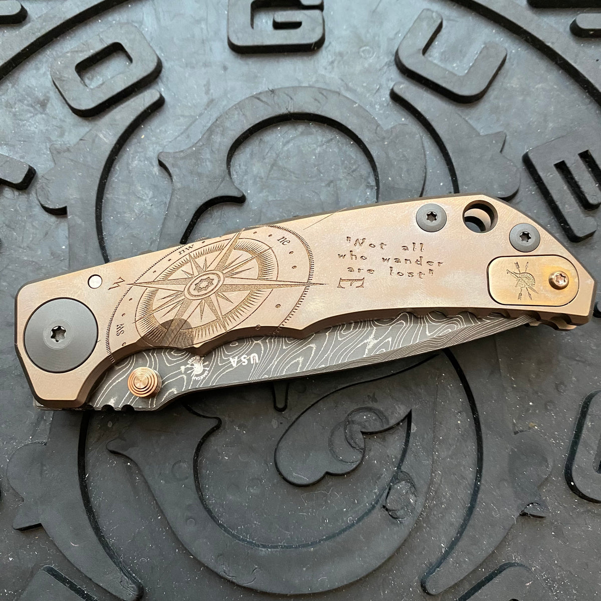 Spartan Blades Harsey Folder - Bronze Compass Theme, Chad Nichols Damascus Blade, PVD ANO Hardware Knife