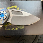 Curtiss Custom Knives F3 Compact Frame Lock, 2.5" Slicer Magnacut Blade FLIPPER, Torched Handles, Blue Hardware Knife