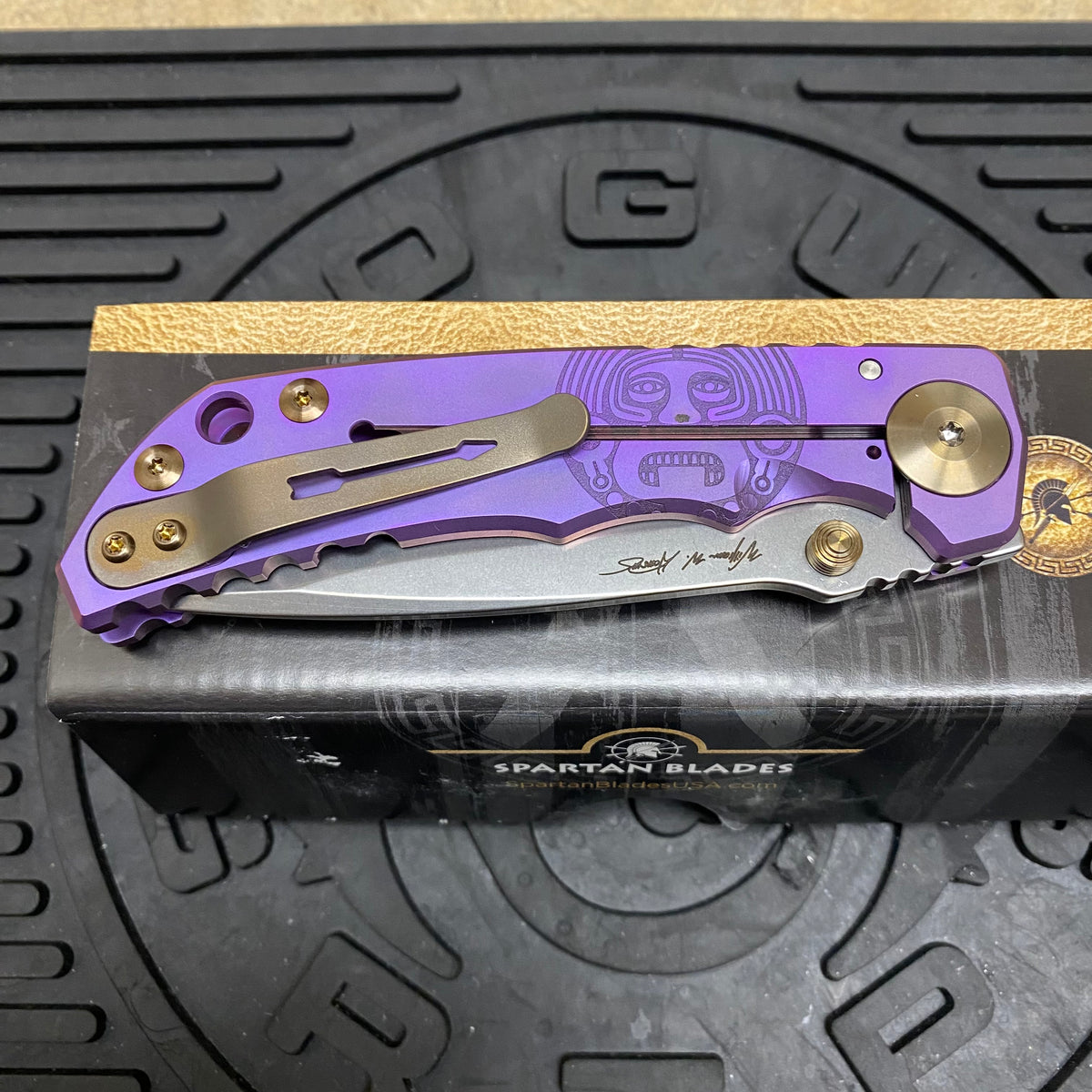 Spartan Blades Harsey Folder - PURPLE Mayan with Red Stones, Magnacut Blade, Purple ANO Hardware Knife