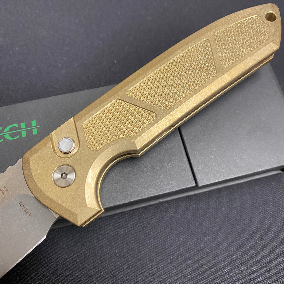 Protech LG335 Rockeye Custom Textured AL Bronze Handles, Acid Wash Blade, Mother of Pearl Button Knife