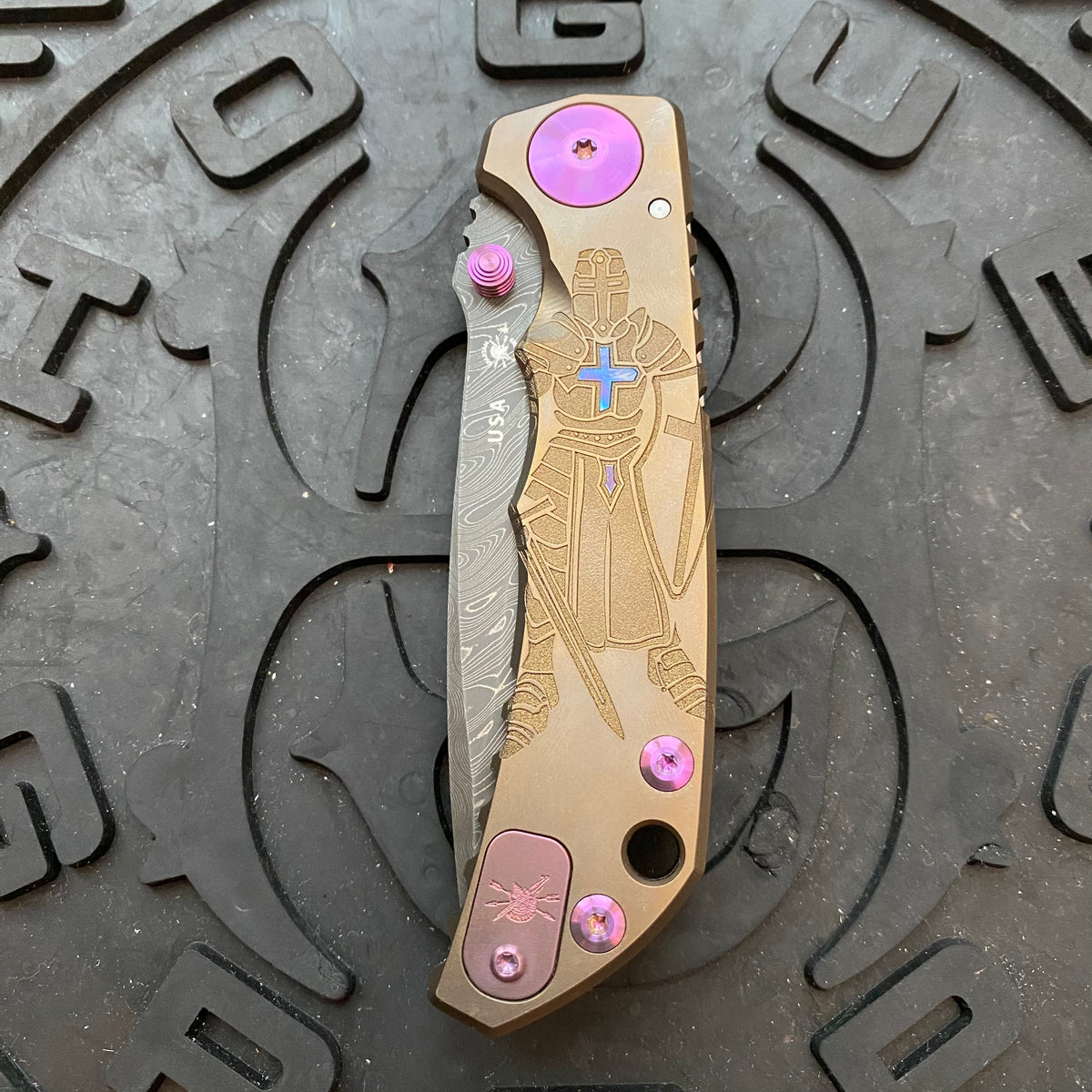 Spartan Blades Harsey Folder - Crusader Theme, Chad Nichols Damascus Blade, Purple Hardware Knife