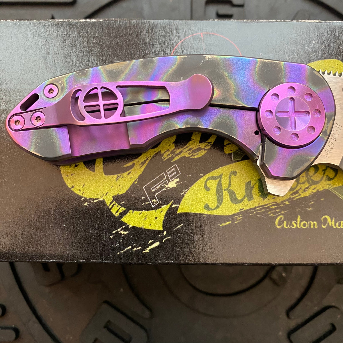 Curtiss Custom Knives F3 Compact Frame Lock, 2.5" Slicer Magnacut Blade FLIPPER, Purple Torched Handles, Knife