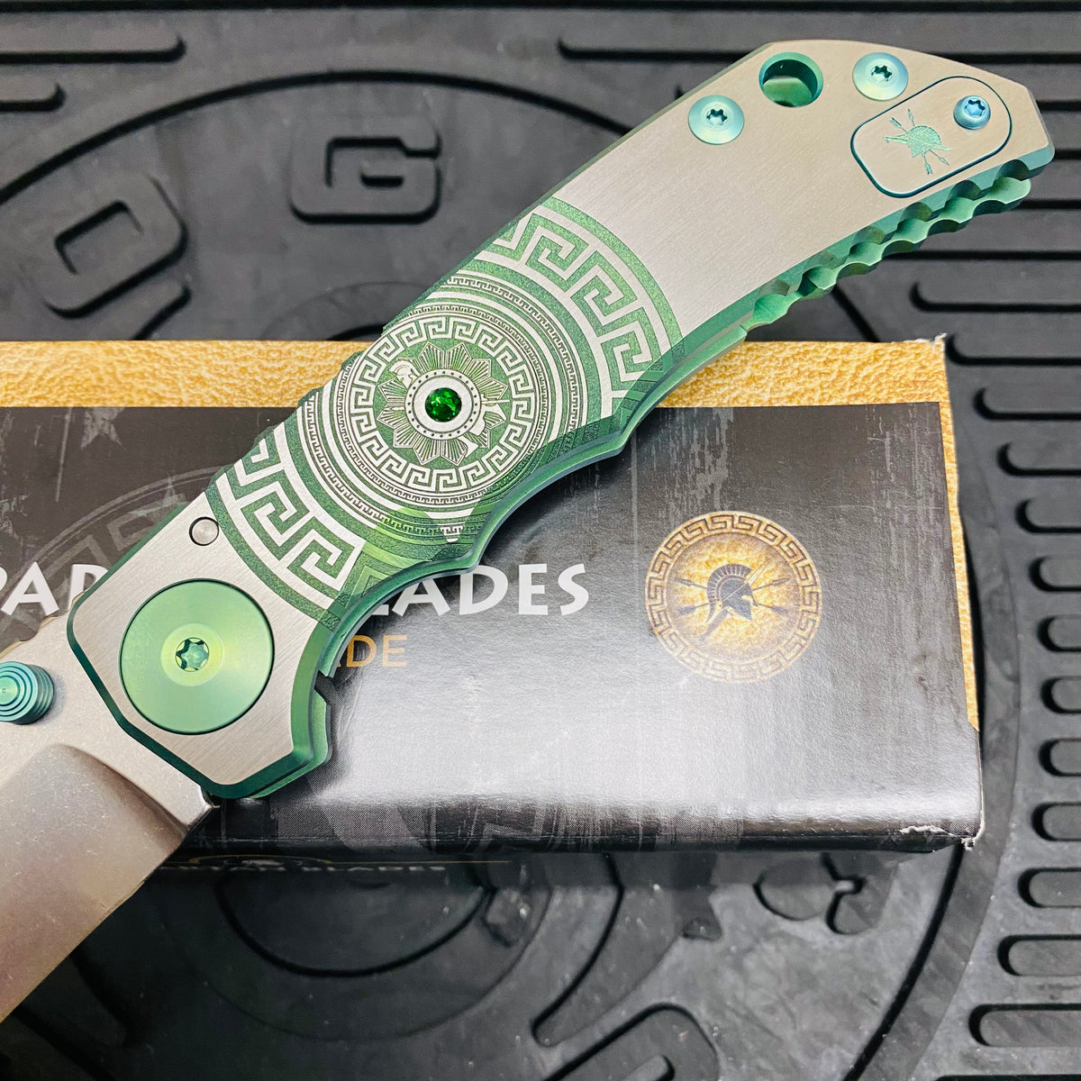 Spartan Blades Harsey Folder - GREEN Shield with Green Stone, Magnacut Blade, Green ANO Hardware Knife