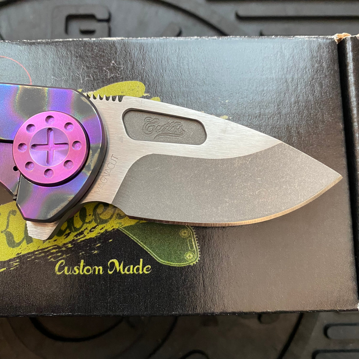 Curtiss Custom Knives F3 Compact Frame Lock, 2.5" Slicer Magnacut Blade FLIPPER, Purple Torched Handles, Knife