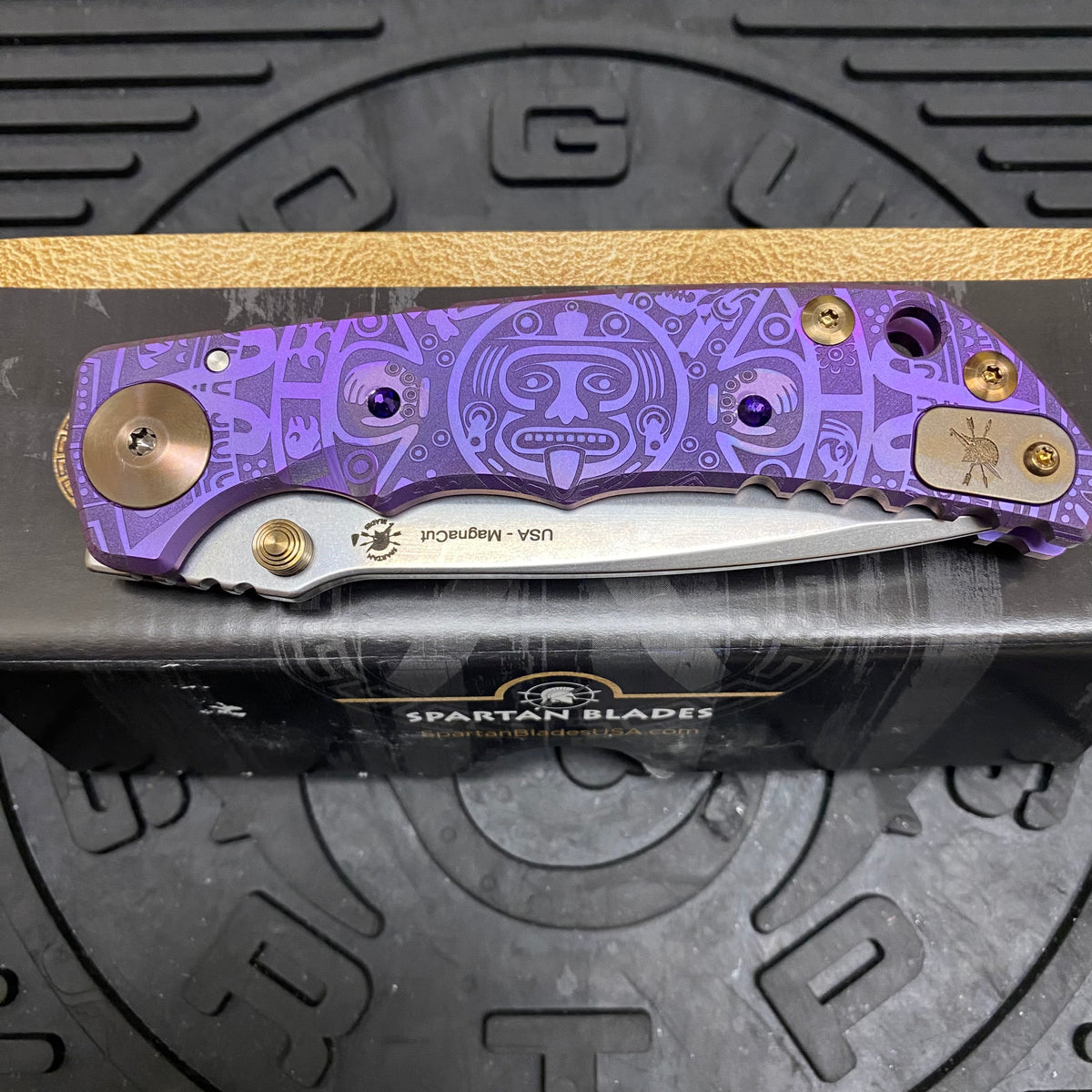 Spartan Blades Harsey Folder - PURPLE Mayan with Red Stones, Magnacut Blade, Purple ANO Hardware Knife