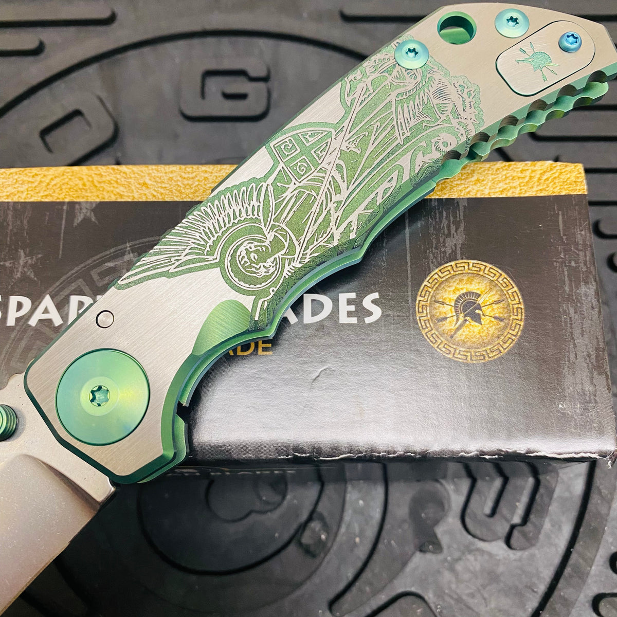 Spartan Blades Harsey Folder - GREEN Saint Michael, Magnacut Blade, Green ANO Hardware Knife