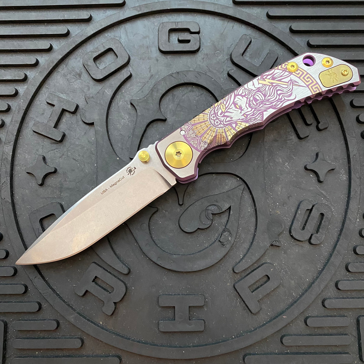 Spartan Blades Harsey Folder - Zeus 2023 Theme, Stonewash Magnacut Blade, Bronze ANO Hardware Knife