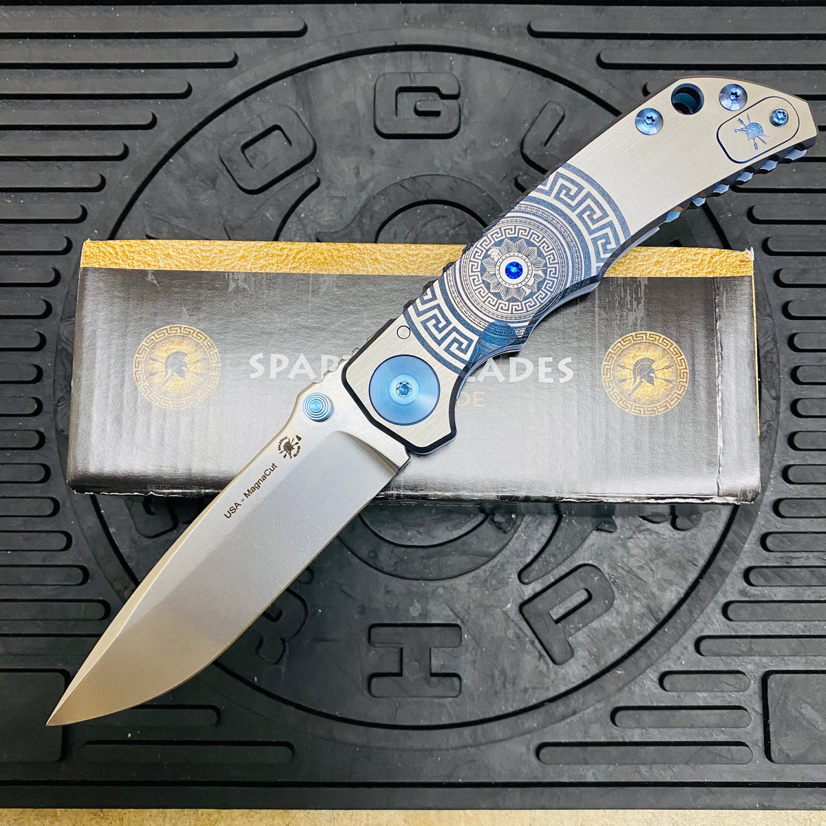 Spartan Blades Harsey Folder - BLUE Shield with Blue Stone, Magnacut Blade, Blue ANO Hardware Knife