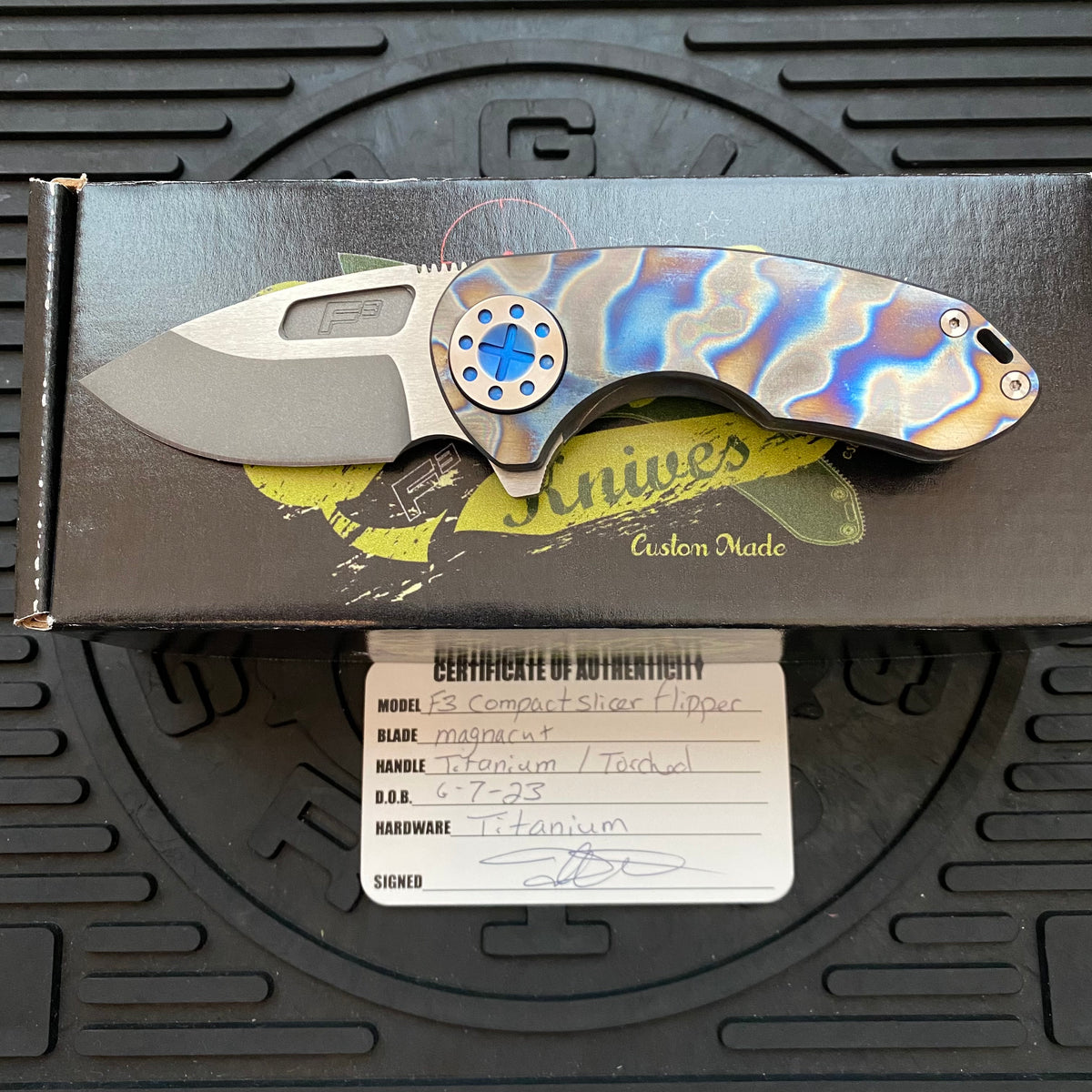 Curtiss Custom Knives F3 Compact Frame Lock, 2.5" Slicer Magnacut Blade FLIPPER, Torched Handles, Blue Hardware Knife