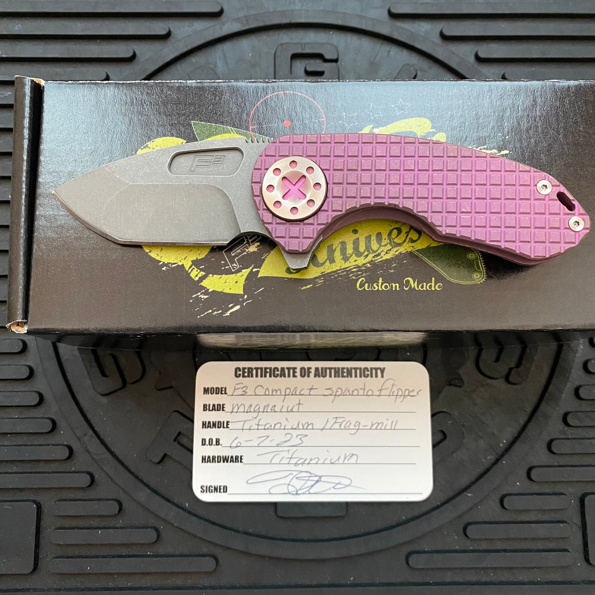 Curtiss Custom Knives F3 Compact Frame Lock, 2.5" Spanto Magnacut Blasted Blade FLIPPER, Frag-Mill Pink Pattern Handles, Knife