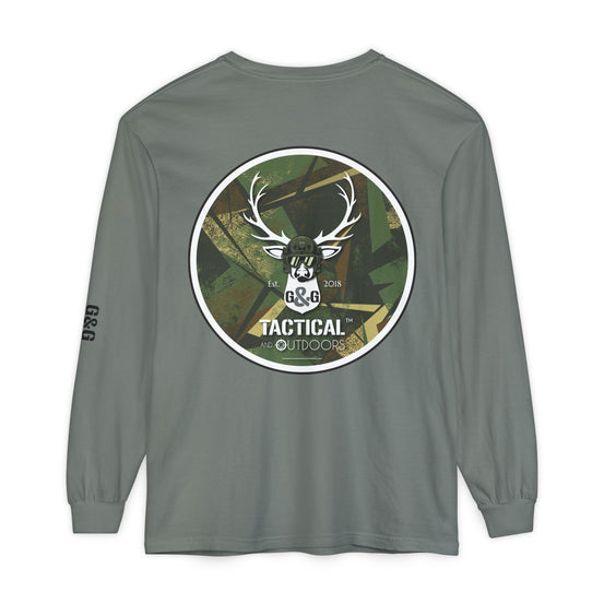 G&G Tactical Outdoors Long Sleeve Tee — Green Camoflauge Black Sleeve Graphic