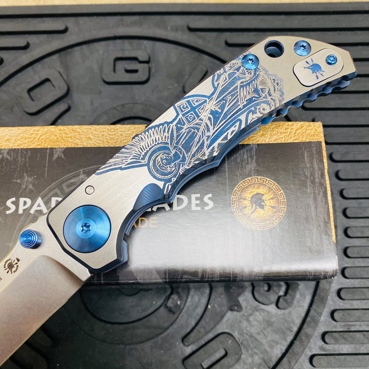 Spartan Blades Harsey Folder - BLUE Saint Michael, 4" Magnacut Blade, Blue ANO Hardware Knife
