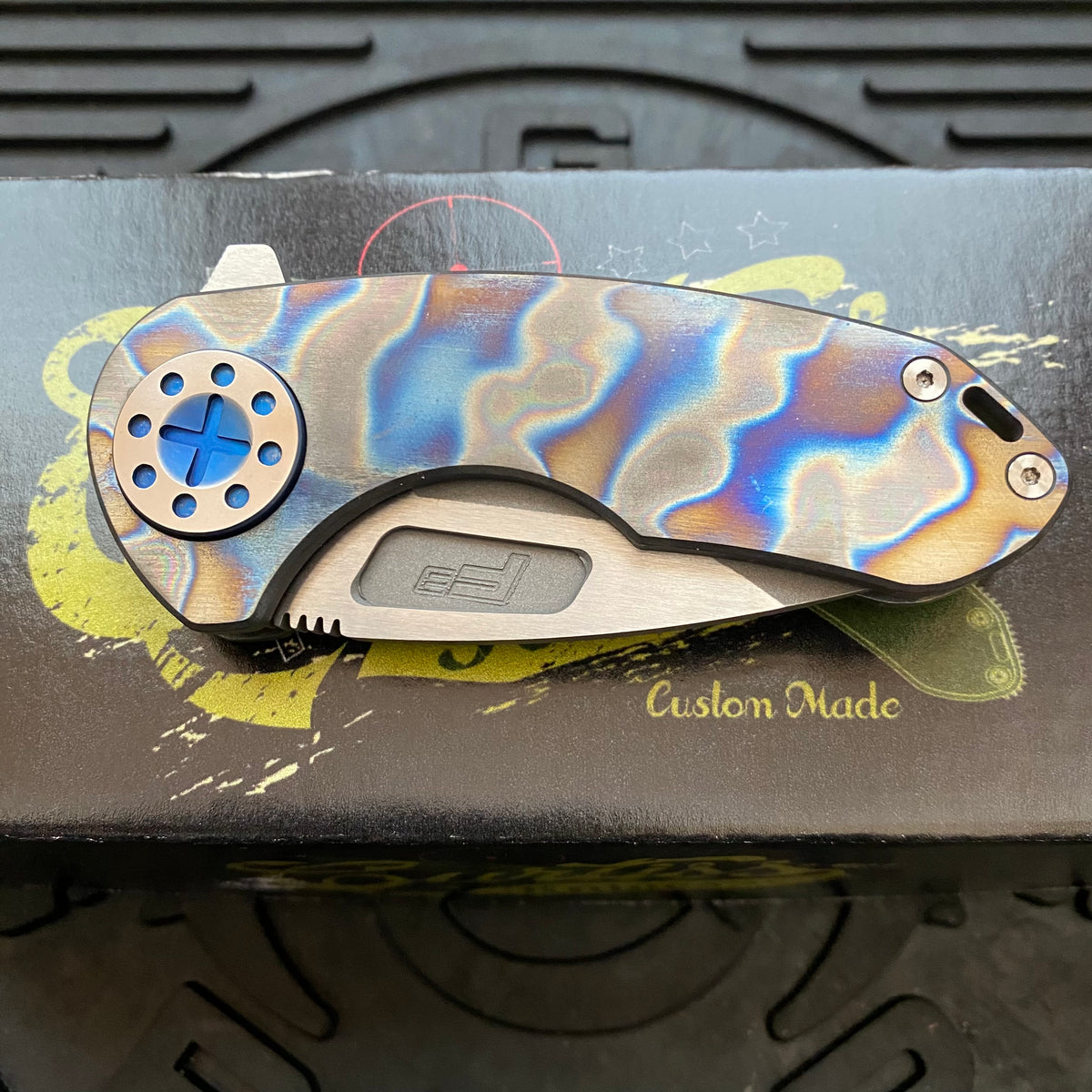 Curtiss Custom Knives F3 Compact Frame Lock, 2.5" Slicer Magnacut Blade FLIPPER, Torched Handles, Blue Hardware Knife