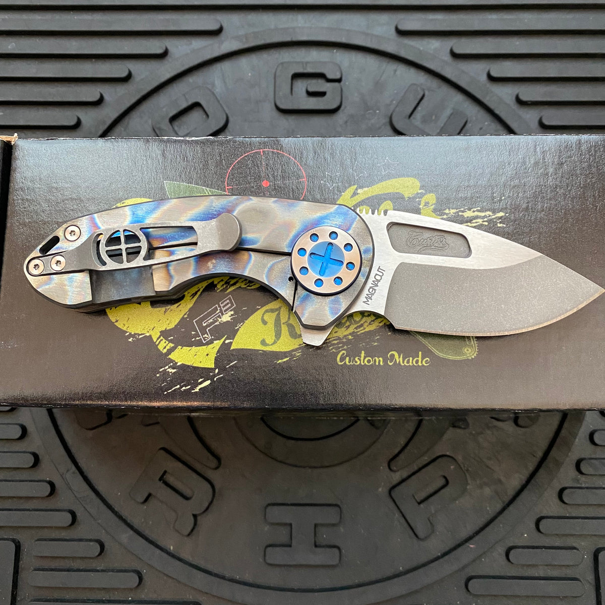 Curtiss Custom Knives F3 Compact Frame Lock, 2.5" Slicer Magnacut Blade FLIPPER, Torched Handles, Blue Hardware Knife