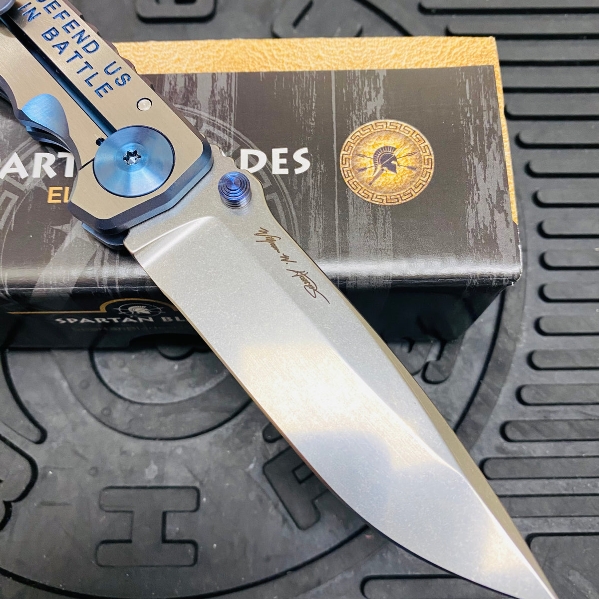 Spartan Blades Harsey Folder - BLUE Saint Michael, 4" Magnacut Blade, Blue ANO Hardware Knife