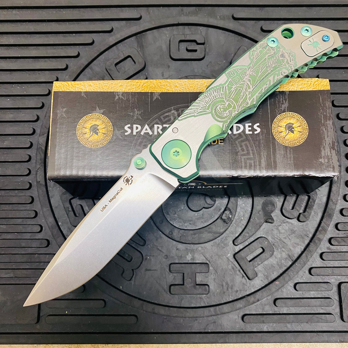 Spartan Blades Harsey Folder - GREEN Saint Michael, Magnacut Blade, Green ANO Hardware Knife