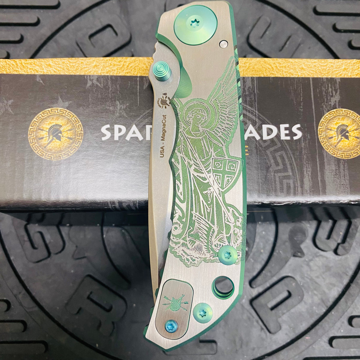 Spartan Blades Harsey Folder - GREEN Saint Michael, Magnacut Blade, Green ANO Hardware Knife