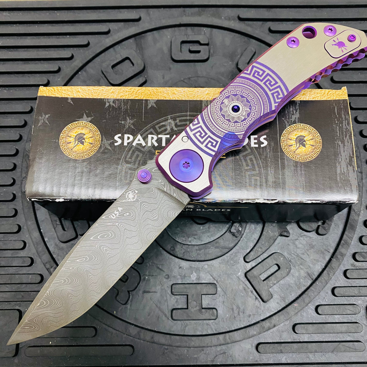 Spartan Blades Harsey Folder - PURPLE Shield with Purple Stone, Chad Nichols Damascus Blade, Purple ANO Hardware Knife