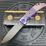 Spartan Blades Harsey Folder - PURPLE Shield with Purple Stone, Chad Nichols Damascus Blade, Purple ANO Hardware Knife