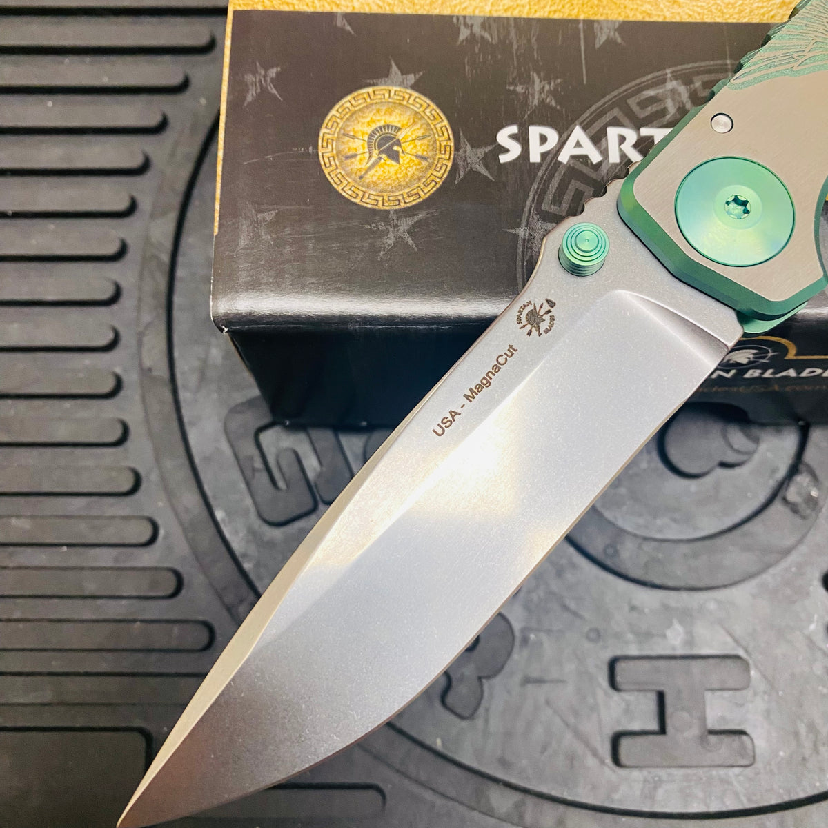 Spartan Blades Harsey Folder - GREEN Saint Michael, Magnacut Blade, Green ANO Hardware Knife