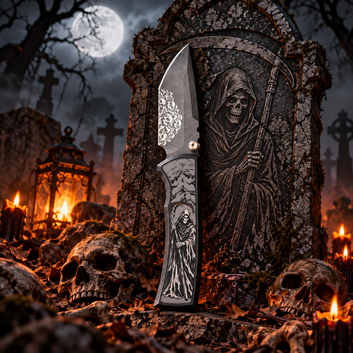 Chaves Redencion Street Integral Magnetic Titanium, Tanto Belt Finish M390 Blade, Knife HALLOWEEN GRIM REAPER THEME