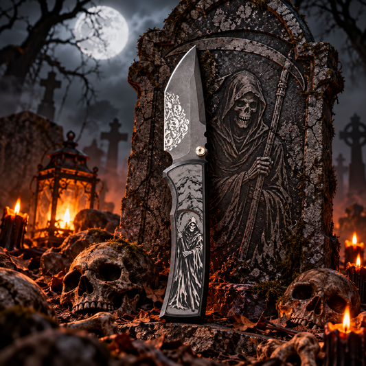 Chaves Redencion Street Integral Magnetic Titanium, Tanto Belt Finish M390 Blade, Knife HALLOWEEN GRIM REAPER THEME