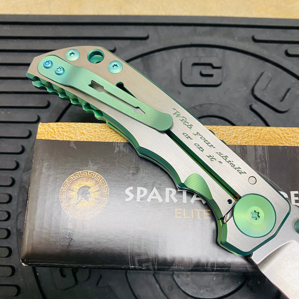 Spartan Blades Harsey Folder - GREEN Shield with Green Stone, Magnacut Blade, Green ANO Hardware Knife