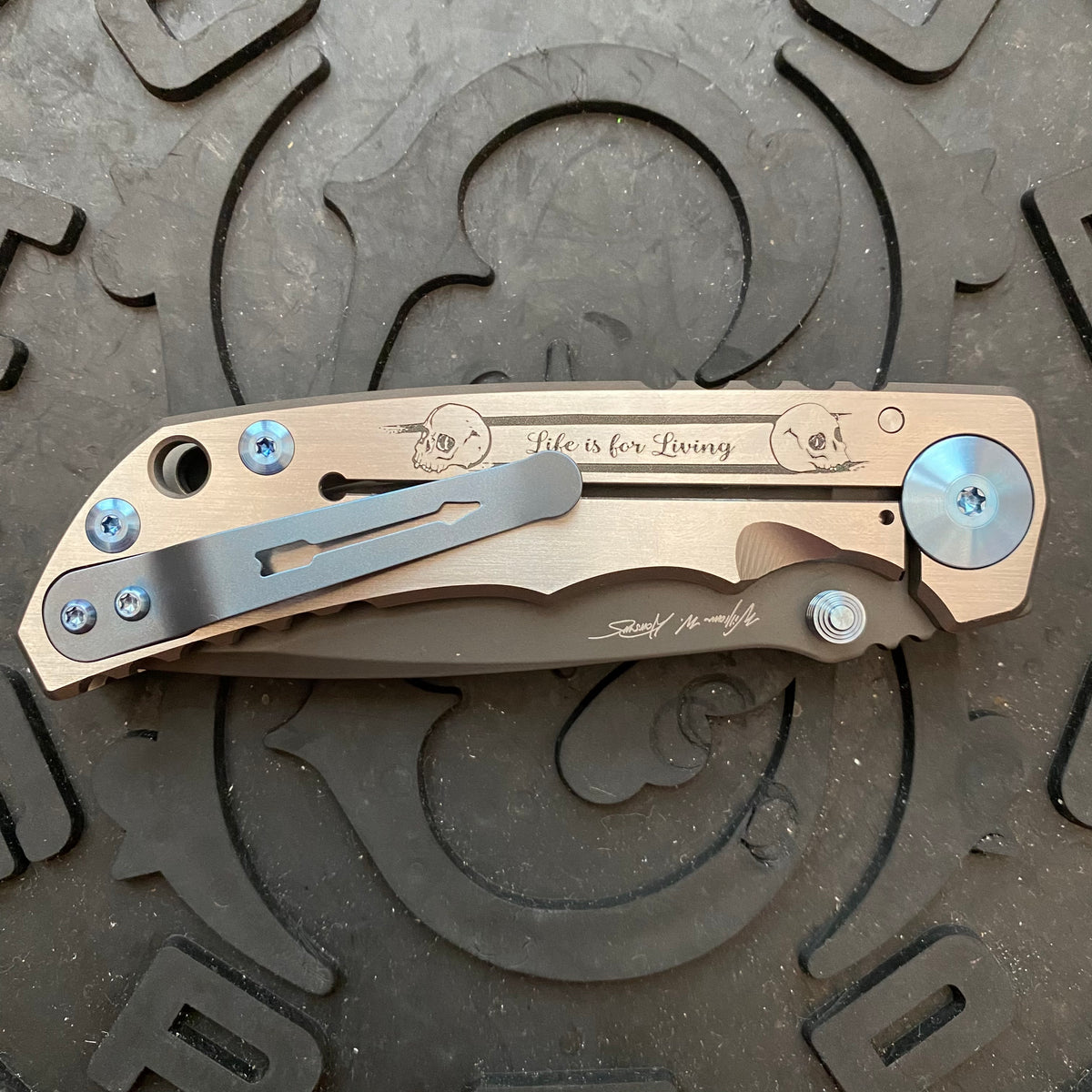 Spartan Blades Harsey Folder - Memento Mori 2023 Theme, PVD Magnacut Blade, Blue ANO Hardware Knife