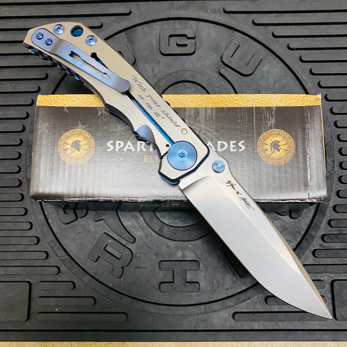 Spartan Blades Harsey Folder - BLUE Shield with Blue Stone, Magnacut Blade, Blue ANO Hardware Knife