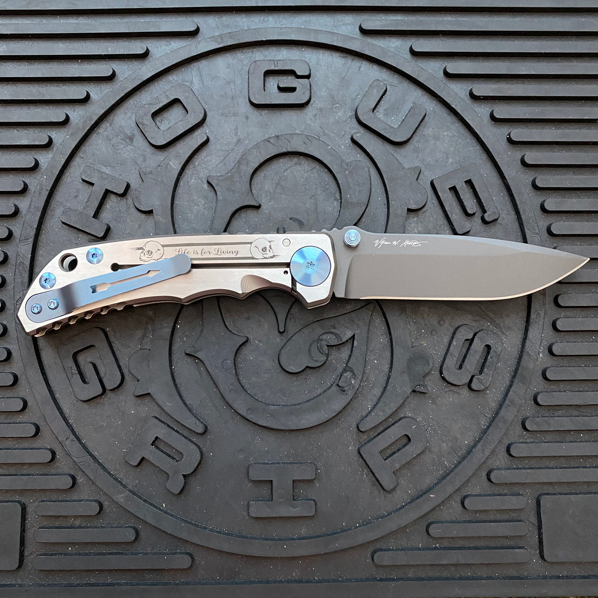 Spartan Blades Harsey Folder - Memento Mori 2023 Theme, PVD Magnacut Blade, Blue ANO Hardware Knife