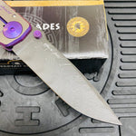 Spartan Blades Harsey Folder - PURPLE Shield with Purple Stone, Chad Nichols Damascus Blade, Purple ANO Hardware Knife
