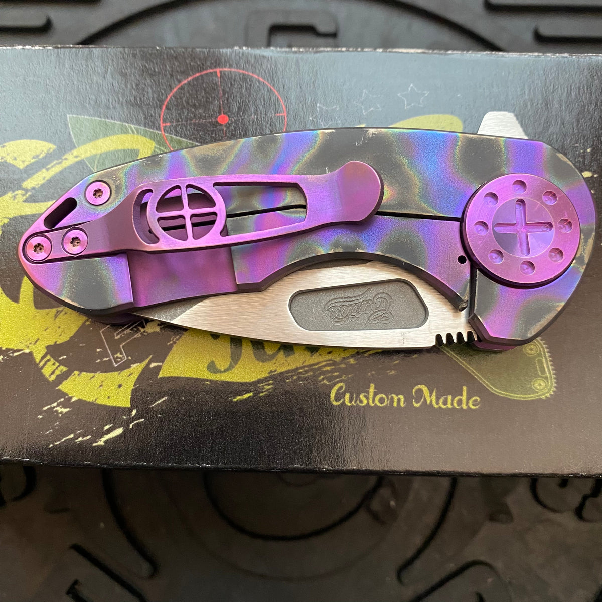 Curtiss Custom Knives F3 Compact Frame Lock, 2.5" Slicer Magnacut Blade FLIPPER, Purple Torched Handles, Knife