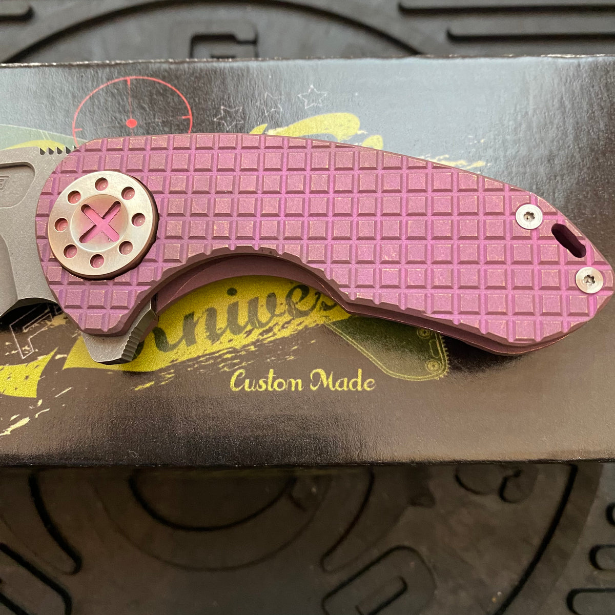 Curtiss Custom Knives F3 Compact Frame Lock, 2.5" Spanto Magnacut Blasted Blade FLIPPER, Frag-Mill Pink Pattern Handles, Knife