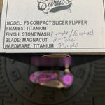 Curtiss Custom Knives F3 Compact Frame Lock, 2.5" Slicer Magnacut Blade FLIPPER, Purple Torched Handles, Knife