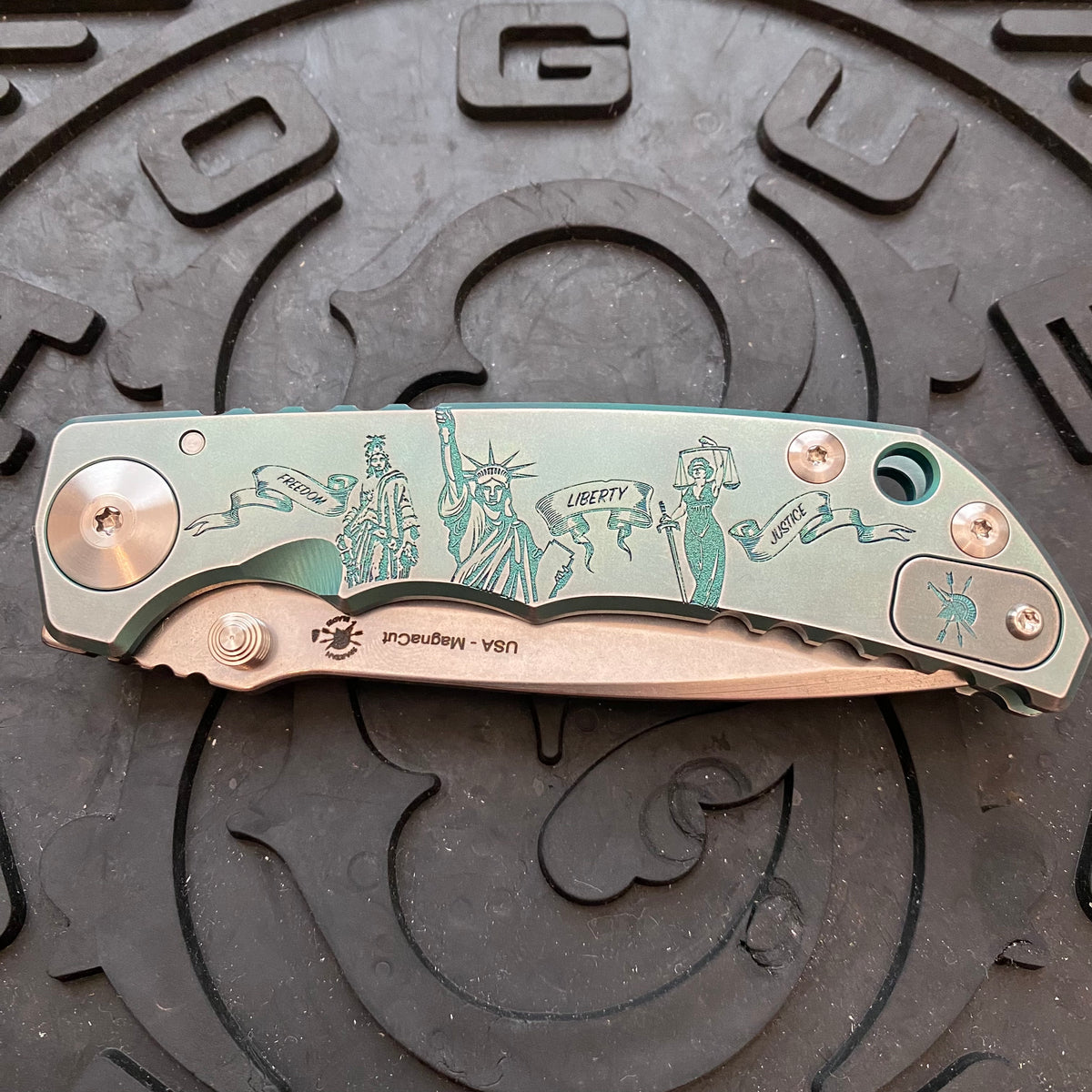 Spartan Blades Harsey Folder - Ladies of Liberty Green Theme, Stonewash Magnacut Blade, Satin ANO Hardware Knife
